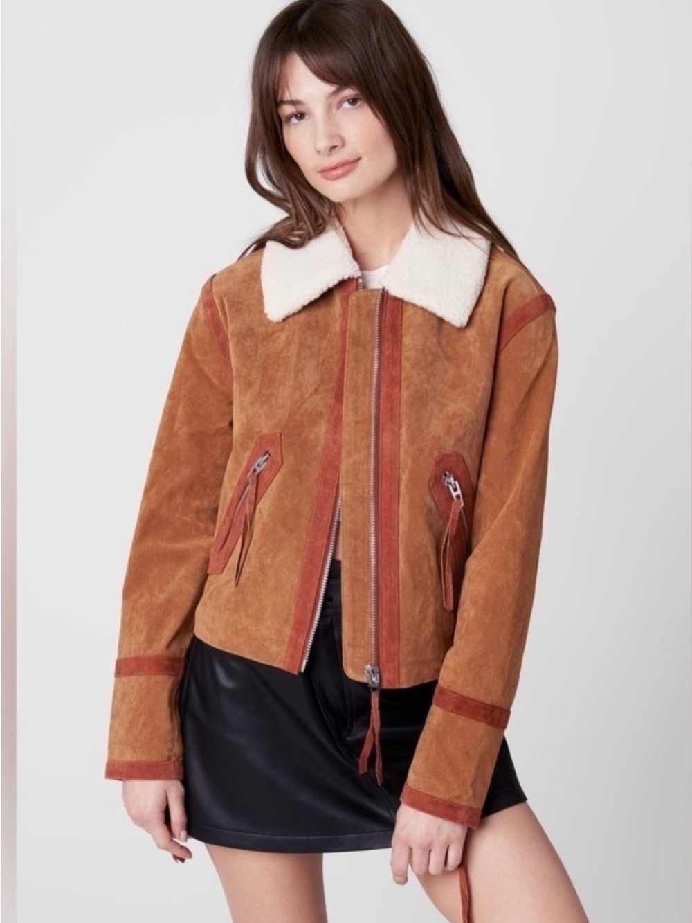 BlankNYC Women's Tan Suede Shearling-Collar Zip Jacket